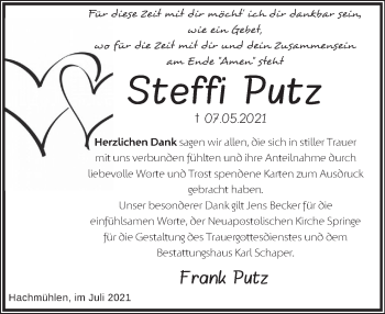 Traueranzeige von Steffi Putz von Neue Deister-Zeitung