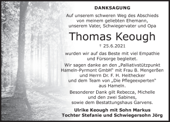 Traueranzeige von Thomas Keough von Deister- und Weserzeitung