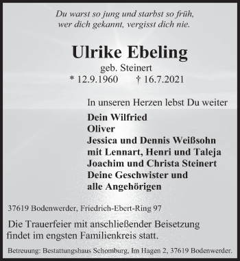 Traueranzeige von Ulrike Ebeling von Deister- und Weserzeitung