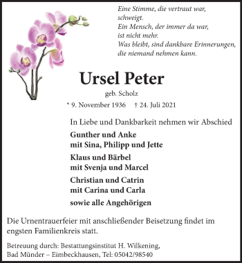 Traueranzeige von Ursel Peter von Neue Deister-Zeitung