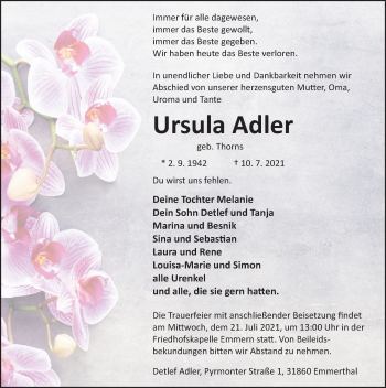 Traueranzeige von Ursula Adler von Deister- und Weserzeitung