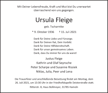 Traueranzeige von Ursula Fleige von Deister- und Weserzeitung