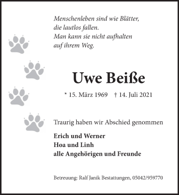 Traueranzeige von Uwe Beiße von Neue Deister-Zeitung