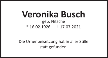 Traueranzeige von Veronika Busch von Deister- und Weserzeitung