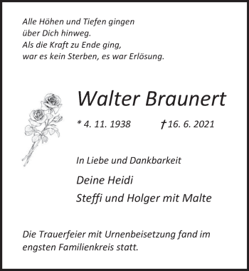 Traueranzeige von Walter Braunert von Deister- und Weserzeitung