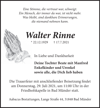 Traueranzeige von Walter Rinne von Neue Deister-Zeitung