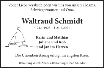Traueranzeige von Waltraud Schmidt von Neue Deister-Zeitung