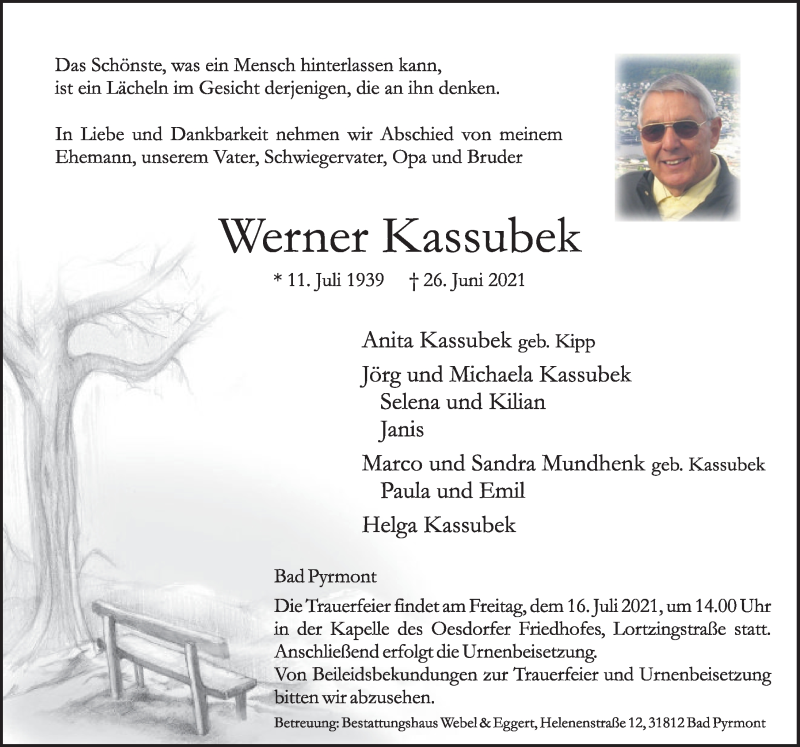  Traueranzeige für Werner Kassubek vom 03.07.2021 aus Deister- und Weserzeitung