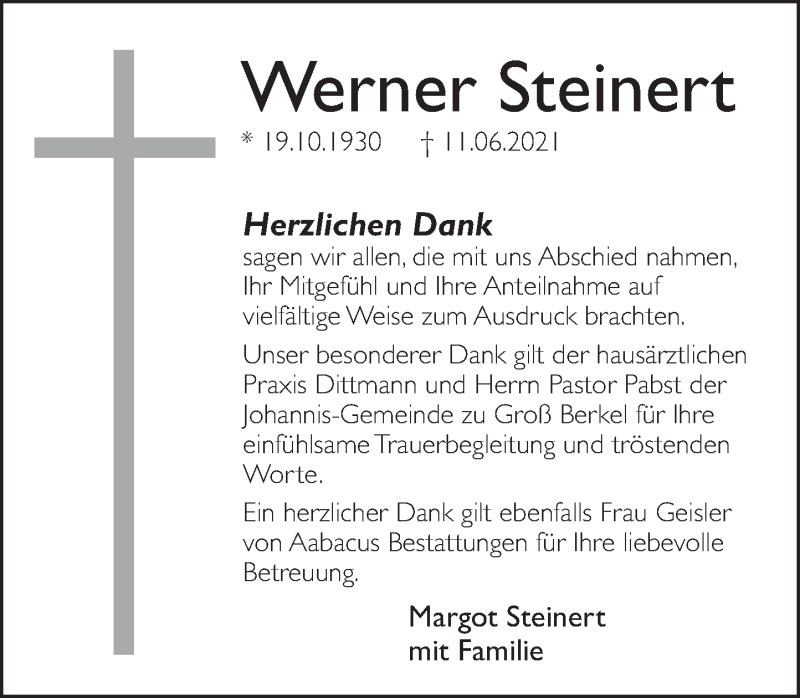  Traueranzeige für Werner Steinert vom 10.07.2021 aus Deister- und Weserzeitung
