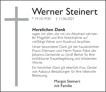 Traueranzeige von Werner Steinert von Deister- und Weserzeitung