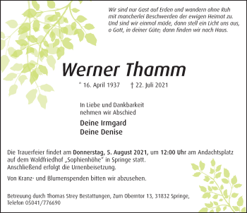 Traueranzeige von Werner Thamm von Neue Deister-Zeitung