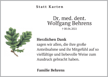 Traueranzeige von Wolfgang Behrens von Deister- und Weserzeitung