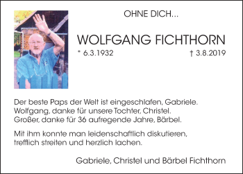 Traueranzeige von Wolfgang Fichthorn von Deister- und Weserzeitung