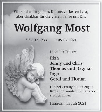 Traueranzeige von Wolfgang Most von Deister- und Weserzeitung