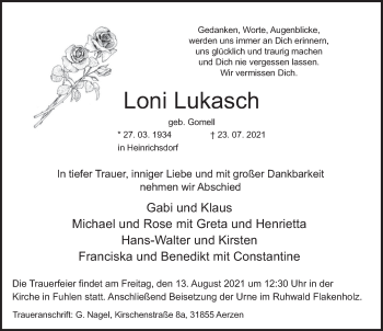 Traueranzeige von Loni Lukasch von Deister- und Weserzeitung
