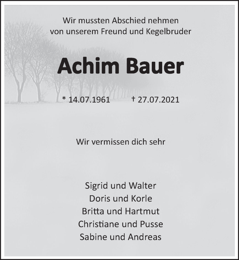  Traueranzeige für Achim Bauer vom 07.08.2021 aus Deister- und Weserzeitung