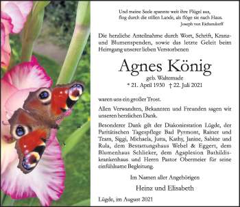 Traueranzeige von Agnes König von Deister- und Weserzeitung