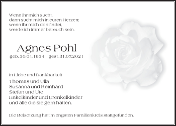 Traueranzeige von Agnes Pohl von Deister- und Weserzeitung