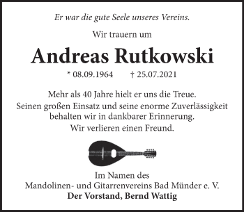Traueranzeige von Andreas Rutkowski von Neue Deister-Zeitung