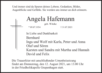 Traueranzeige von Angela Hafemann von Deister- und Weserzeitung