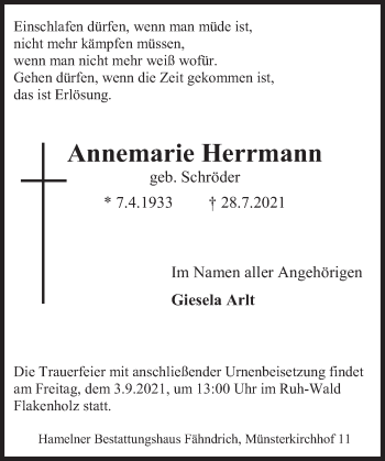Traueranzeige von Annemarie Herrmann von Deister- und Weserzeitung
