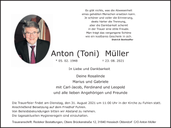Traueranzeige von Anton Müller von Deister- und Weserzeitung