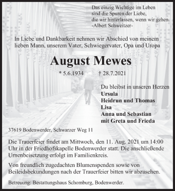 Traueranzeige von August Mewes von Deister- und Weserzeitung