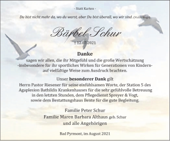 Traueranzeige von Bärbel Schur von Deister- und Weserzeitung
