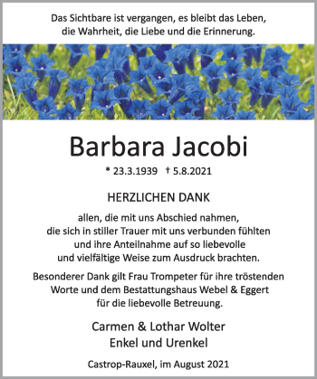 Traueranzeige von Barbara Jacobi von Deister- und Weserzeitung