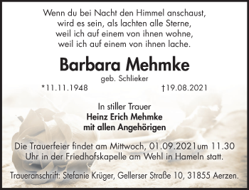 Traueranzeige von Barbara Mehmke von Deister- und Weserzeitung