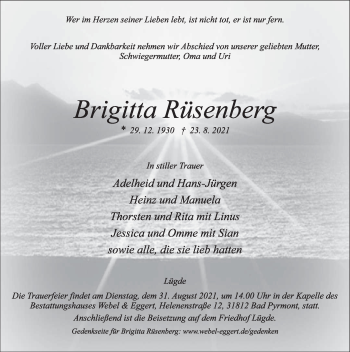 Traueranzeige von Brigitta Rüsenberg von Deister- und Weserzeitung