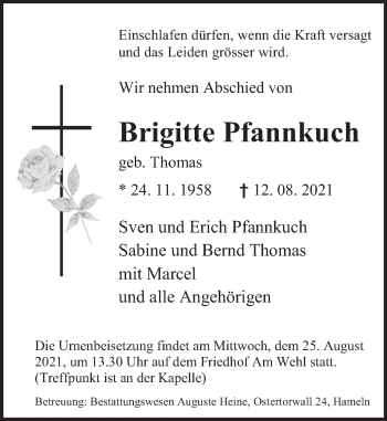 Traueranzeige von Brigitte Pfannkuch von Deister- und Weserzeitung