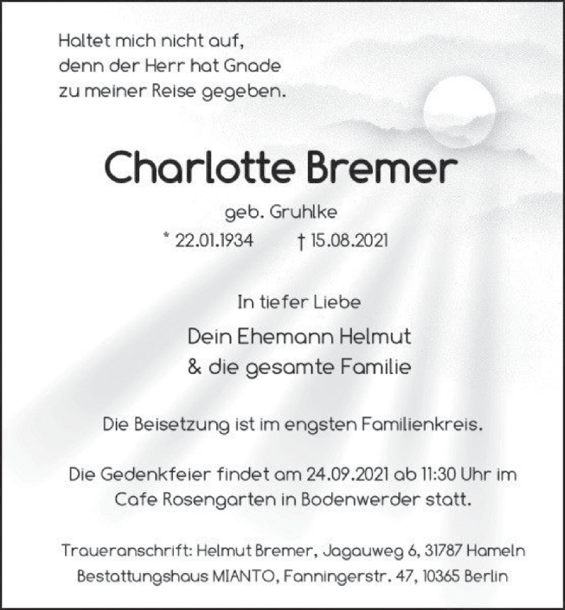  Traueranzeige für Charlotte Bremer vom 28.08.2021 aus Deister- und Weserzeitung