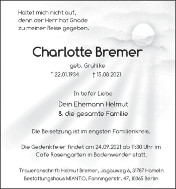 Traueranzeige von Charlotte Bremer von Deister- und Weserzeitung