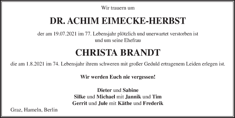  Traueranzeige für Christa Brandt vom 07.08.2021 aus Deister- und Weserzeitung