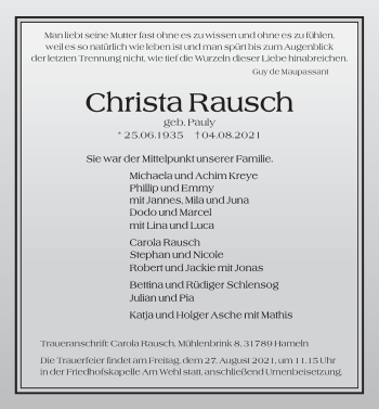 Traueranzeige von Christa Rausch von Deister- und Weserzeitung