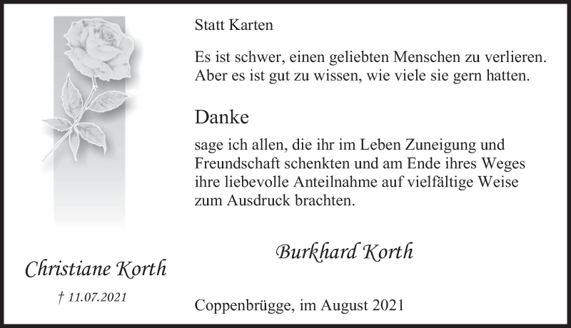  Traueranzeige für Christiane Korth vom 28.08.2021 aus Deister- und Weserzeitung