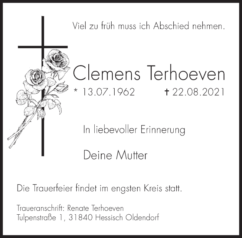  Traueranzeige für Clemens Terhoeven vom 28.08.2021 aus Deister- und Weserzeitung