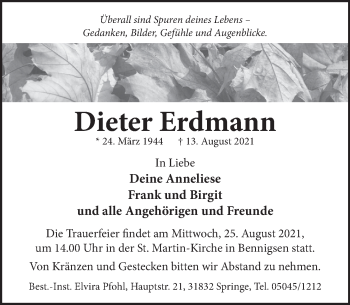 Traueranzeige von Dieter Erdmann von Neue Deister-Zeitung