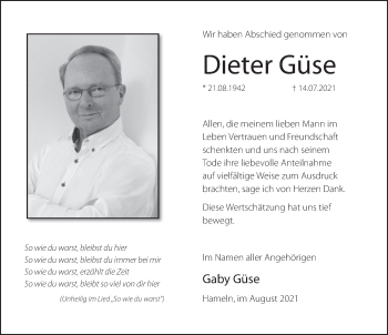 Traueranzeige von Dieter Güse von Deister- und Weserzeitung