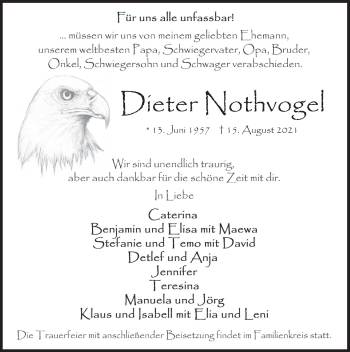 Traueranzeige von Dieter Nothvogel von Deister- und Weserzeitung