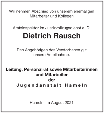 Traueranzeige von Dietrich Rausch von Deister- und Weserzeitung