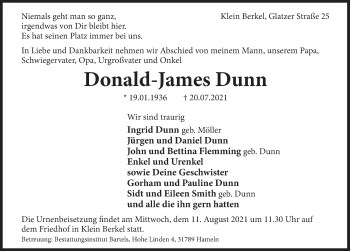 Traueranzeige von Donald-James Dunn von Deister- und Weserzeitung