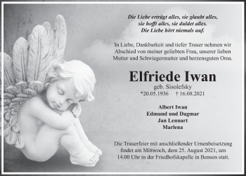 Traueranzeige von Elfriede Iwan von Deister- und Weserzeitung