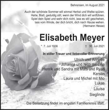 Traueranzeige von Elisabeth Meyer von Deister- und Weserzeitung