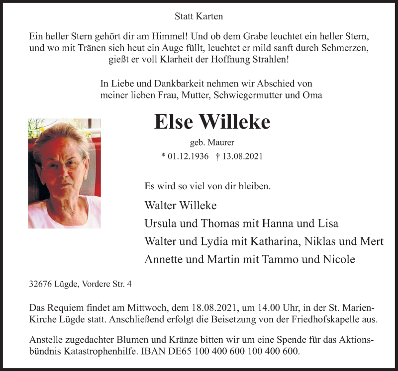  Traueranzeige für Elisabeth Willeke vom 16.08.2021 aus Deister- und Weserzeitung
