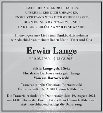Traueranzeige von Erwin Lange von Deister- und Weserzeitung