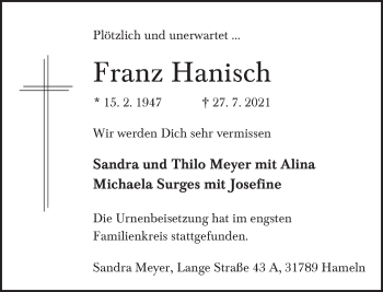 Traueranzeige von Franz Hanisch von Deister- und Weserzeitung