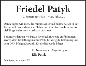 Traueranzeige von Friedel Patyk von Neue Deister-Zeitung