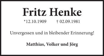 Traueranzeige von Fritz Henke von Deister- und Weserzeitung